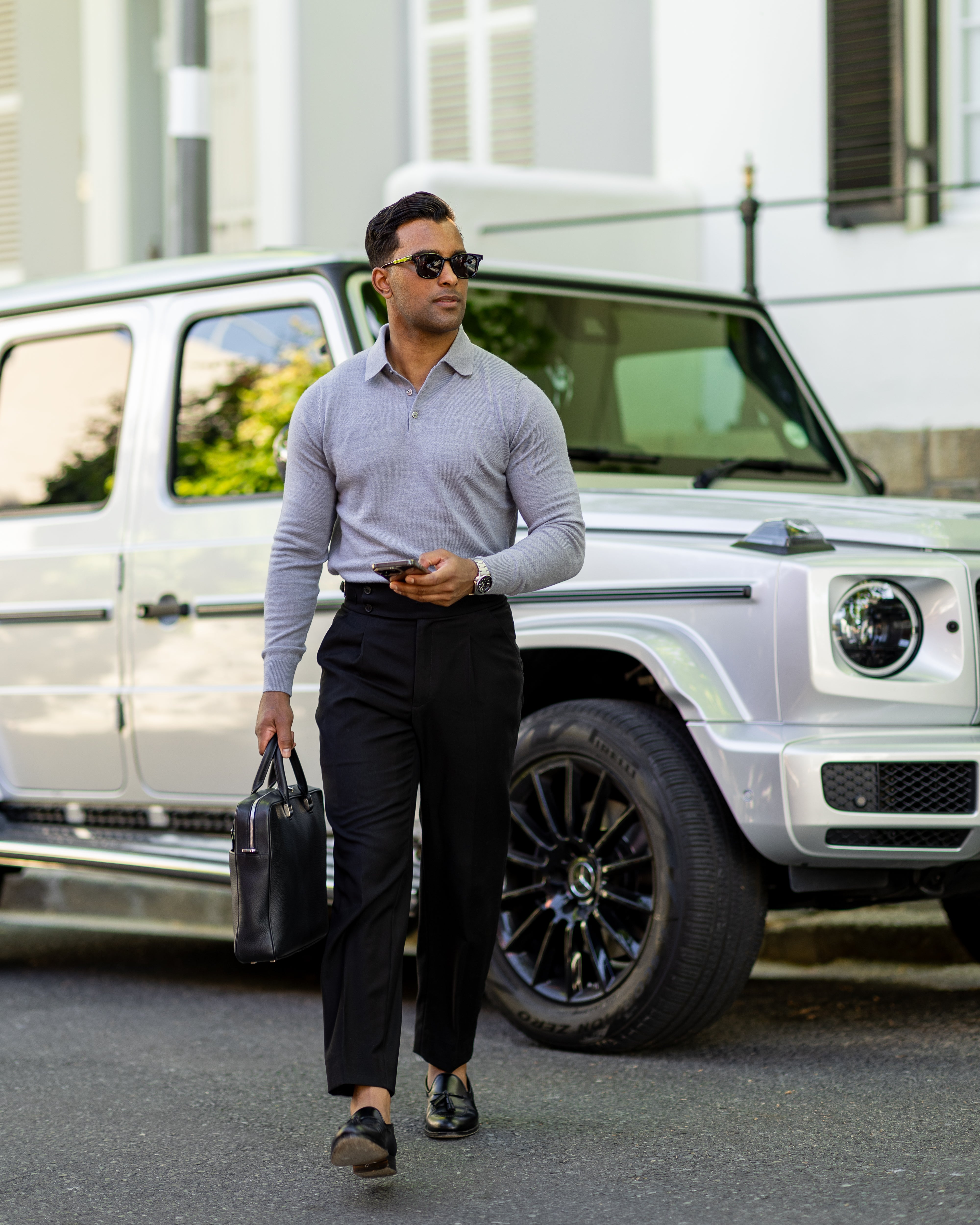 Bellagio Three Button Long Sleeve Merino Polo Slate Blue