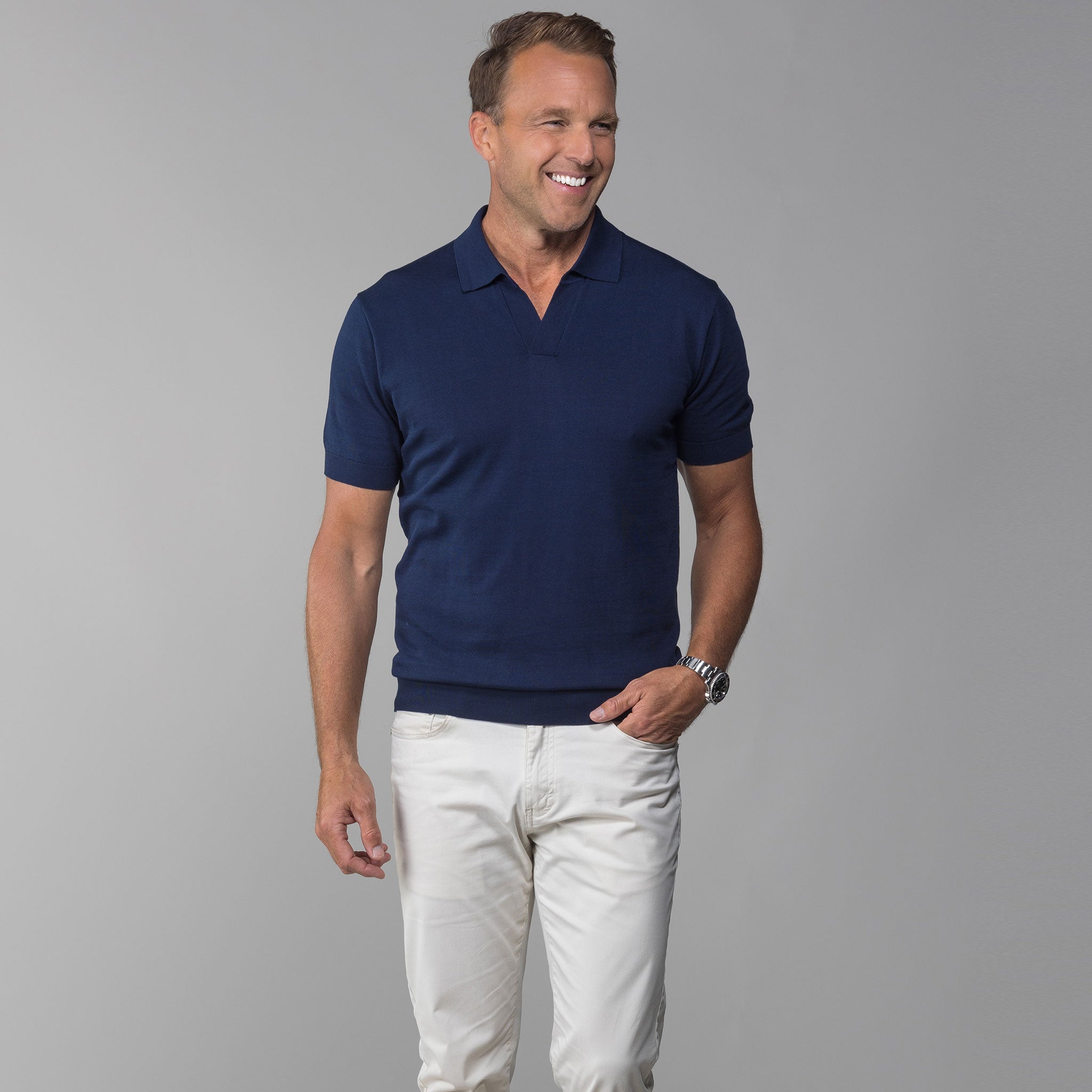 The Maranello Cotton Silk Buttonless Polo Navy Tailored Fit Collars Co