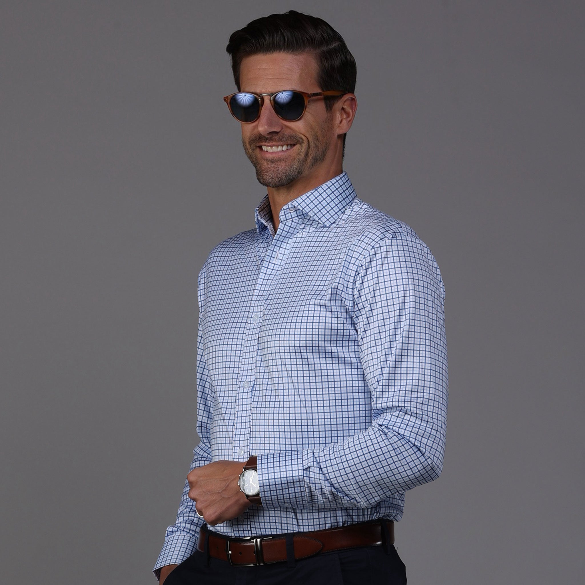Quattro Flex Dress Shirt with Semi-Spread Collar Blue Tattersall S / Blue Tattersall
