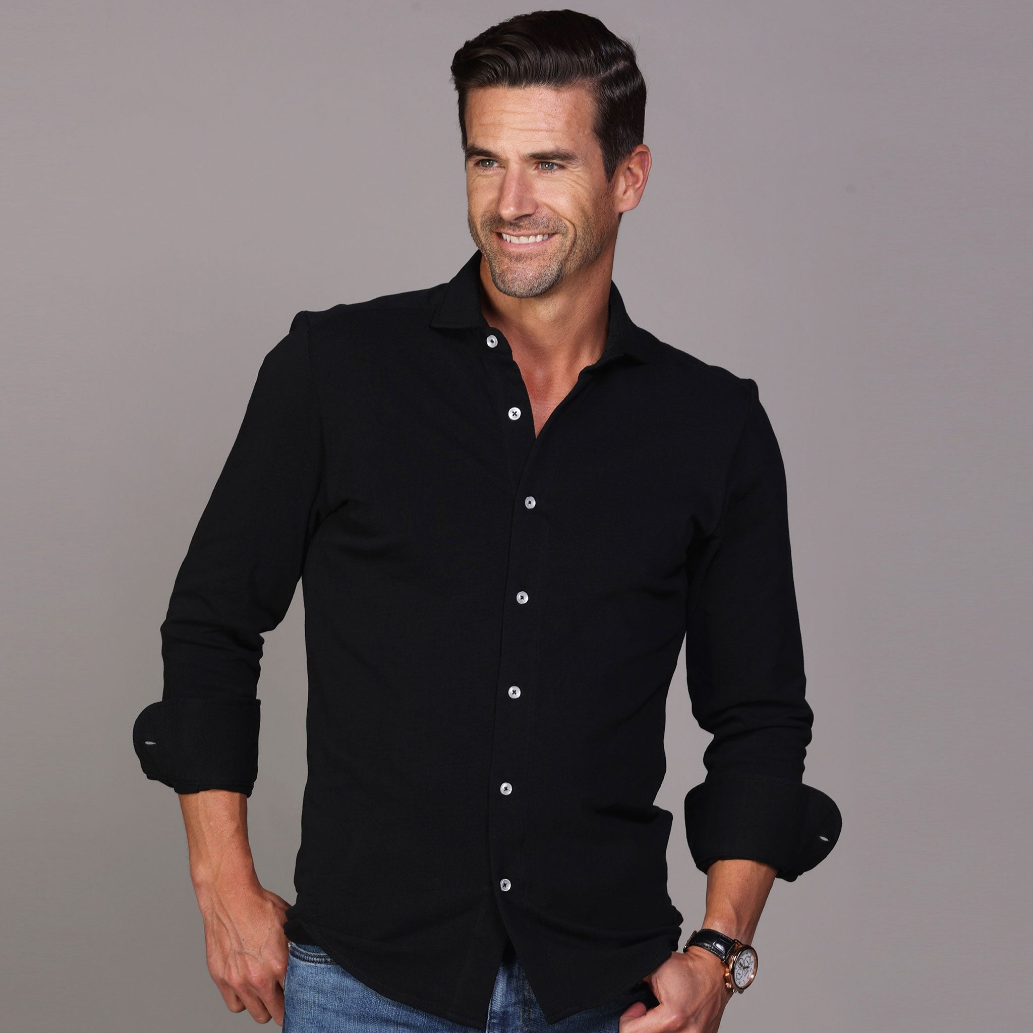 Montana Button Down Cotton Piqué Long Sleeve Black – Collars & Co.