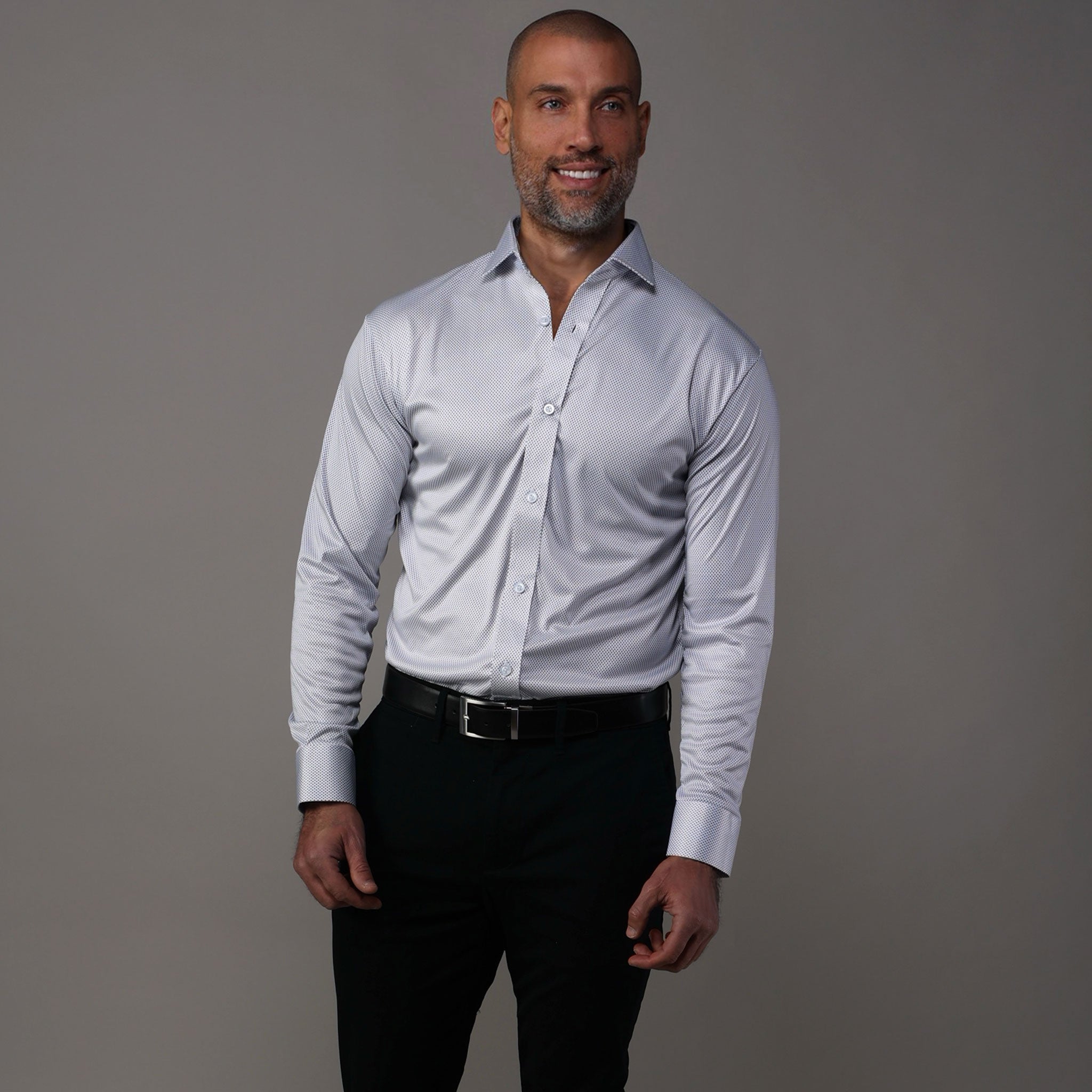 Quattro Flex Dress Shirt with Semi-Spread Collar Blue and Black Grid