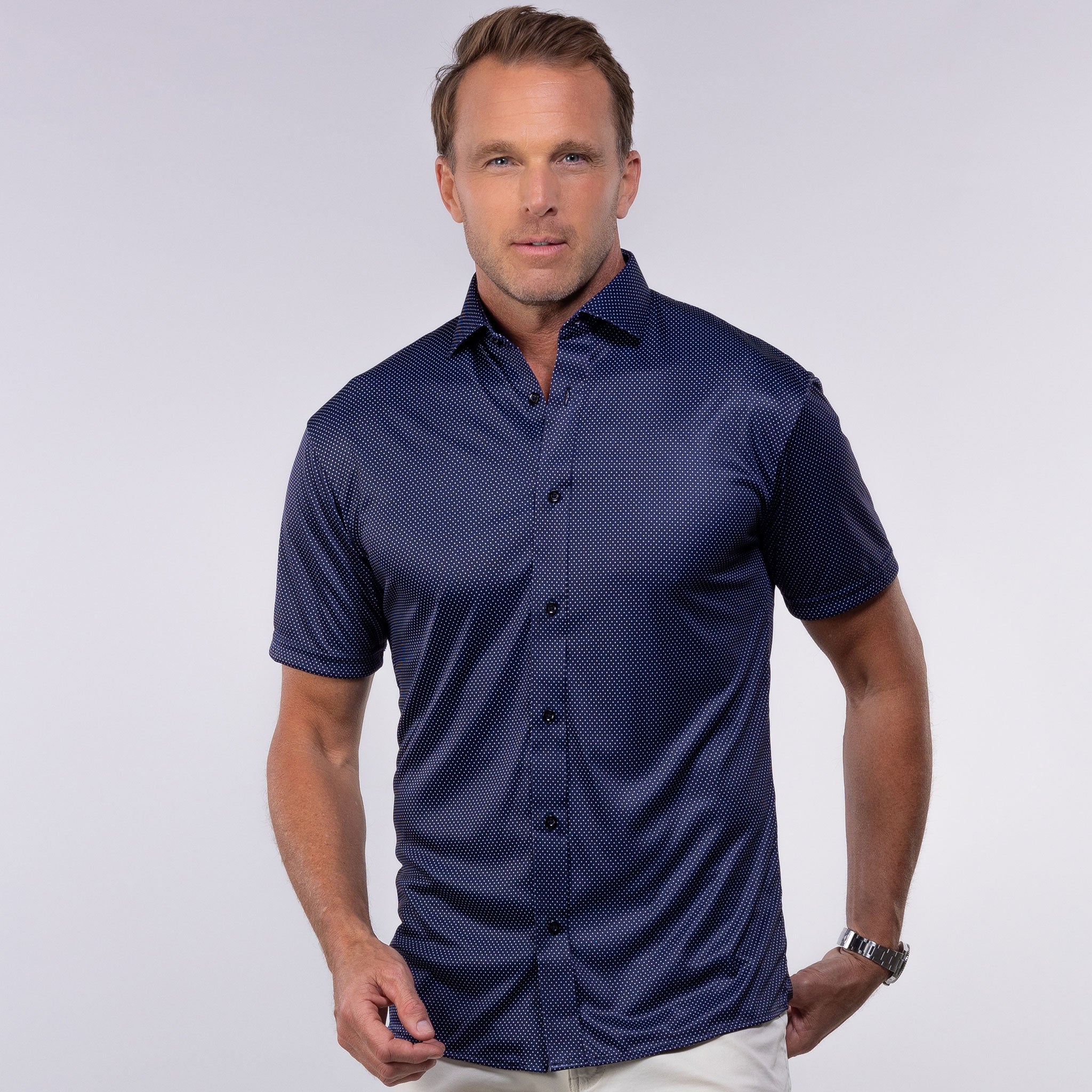 dark blue short sleeve dress shirt Quattro Flex Button Down Midnight Micro Dot S / Midnight Micro Dot ** Give your look Color:Romantic Rose cf-size-us12 Stacees Off-Shoulder Sequin Embroidered