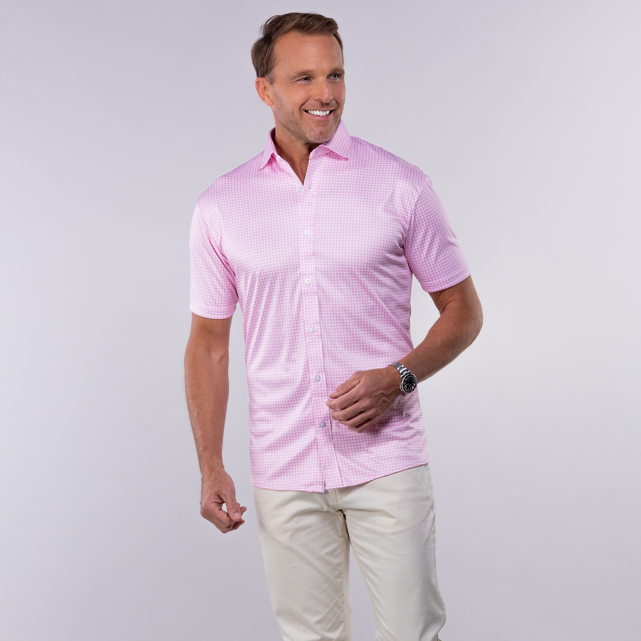 Quattro Flex Short Sleeve Button Down Pink Gingham – Collars & Co