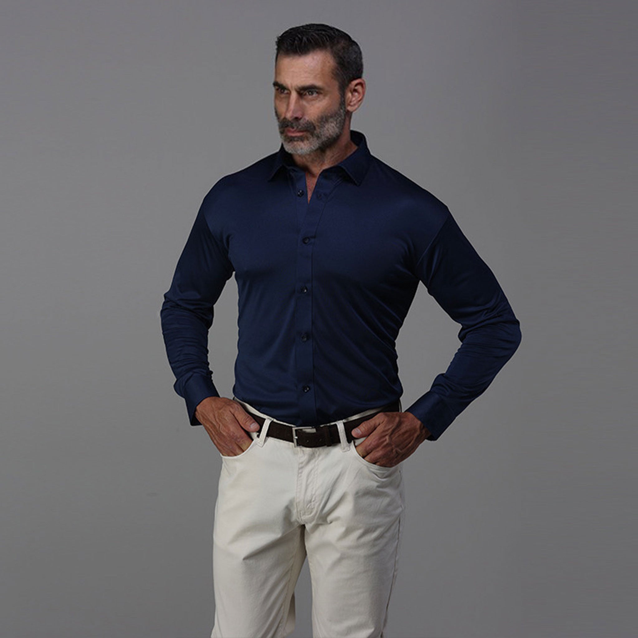 navy blue long sleeve dress shirt Quattro Flex Dress Shirt with Semi-Spread Collar Navy S / Navy