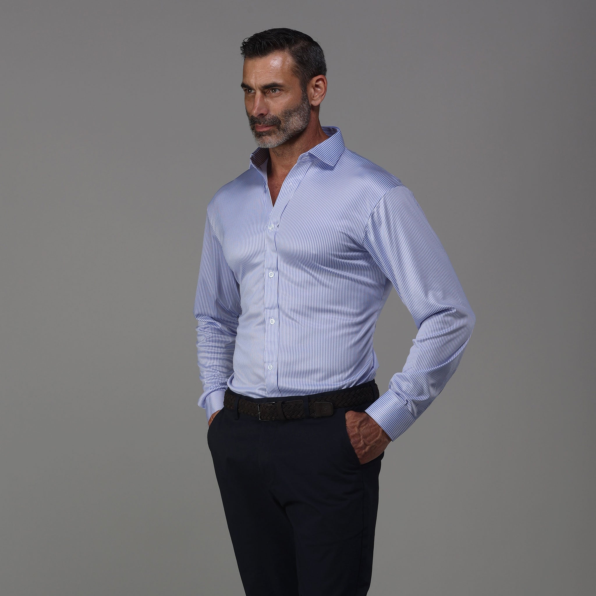 Quattro Flex Dress Shirt with Semi-Spread Collar Regent Blue Stripe M / Regent Blue Stripe Quattro Flex Dress Shirt with Semi-Spread Collar Regent Blue Stripe M / Regent Blue Stripe