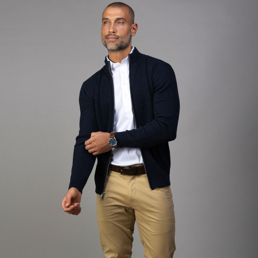 Sequoia Navy Full Zip Ribbed Cotton Sweater