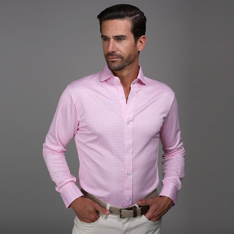 Quattro Flex Dress Shirt with Semi-Spread Collar Pink Gingham S / Pink Gingham Quattro Flex Dress Shirt with Semi-Spread Collar Pink Gingham S / Pink Gingham