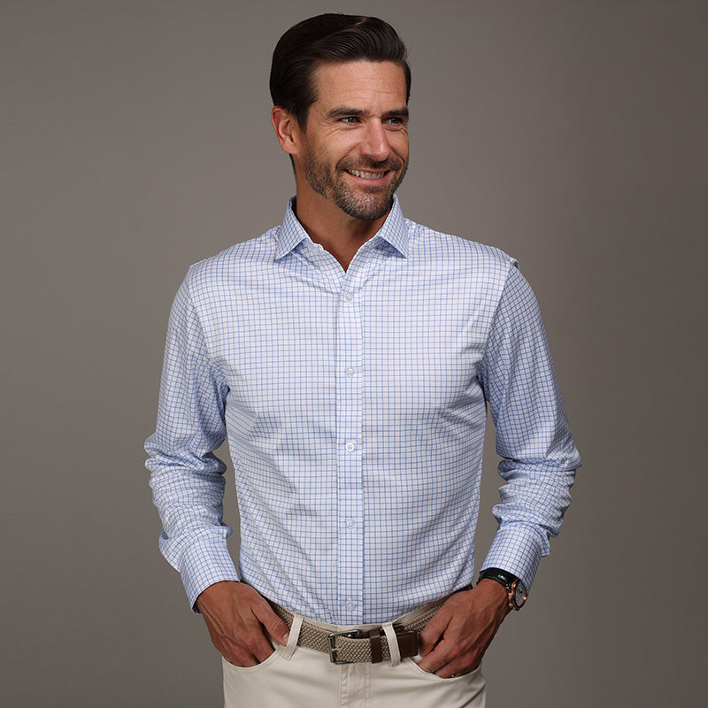Quattro Flex Dress Shirt with Semi-Spread Collar Thin Blue Check XL / Thin Blue Check Quattro Flex Dress Shirt with Semi-Spread Collar Thin Blue Check XL / Thin Blue Check