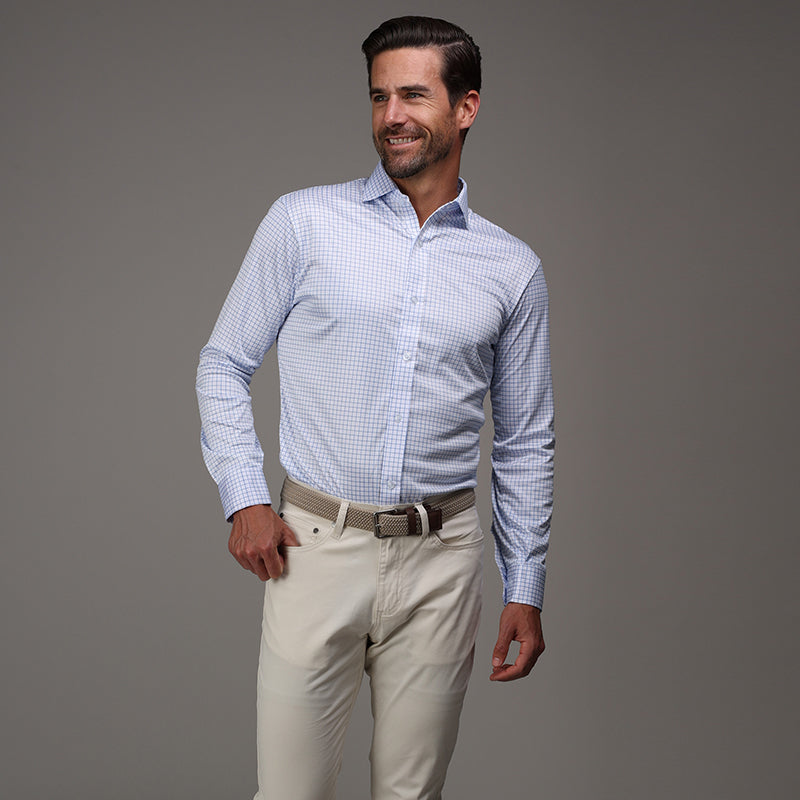 Quattro Flex Dress Shirt with Semi-Spread Collar Thin Blue Check