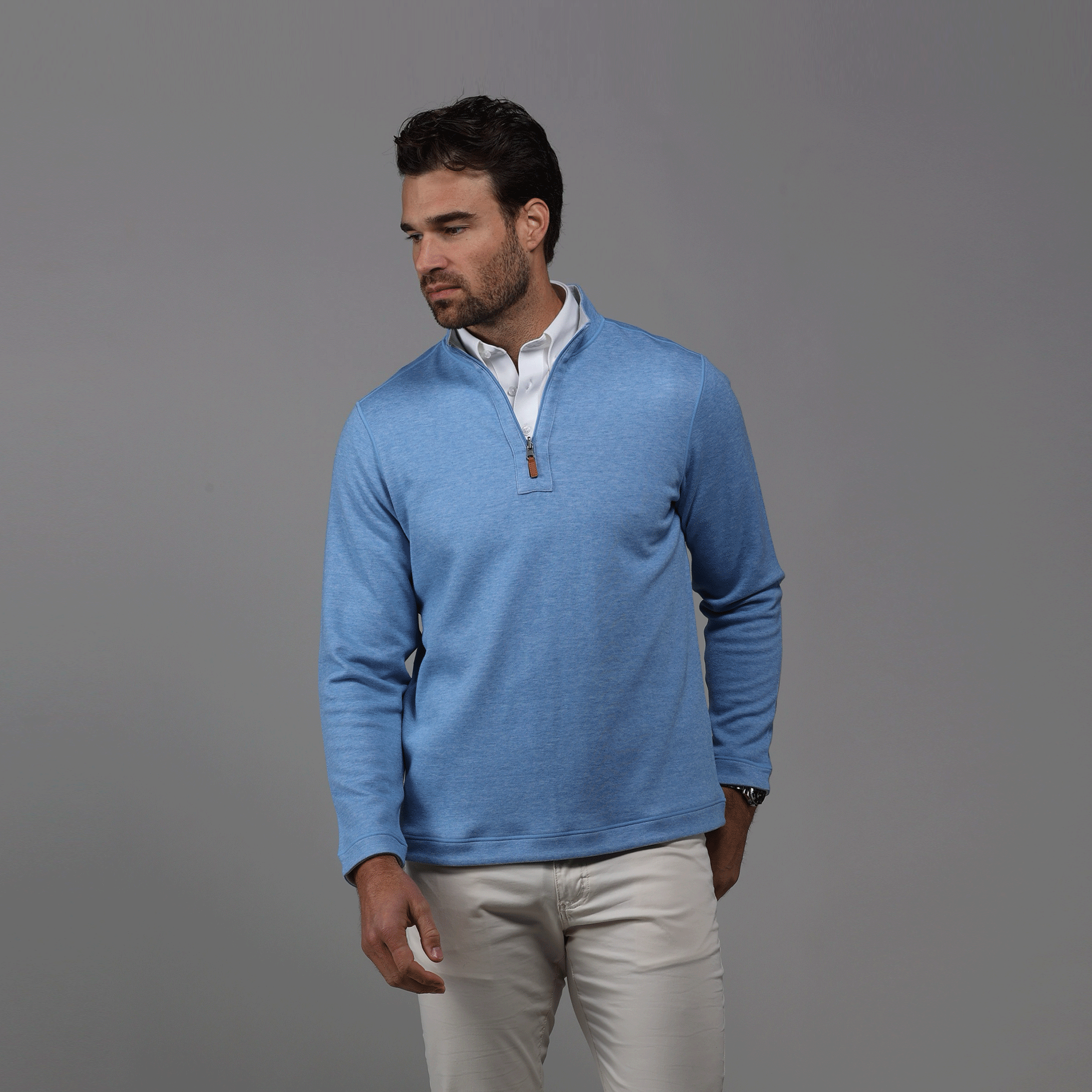 Sky Blue and Light Grey Zen Cotton Blend Reversible Quarter Zip Pullov –  Collars &
