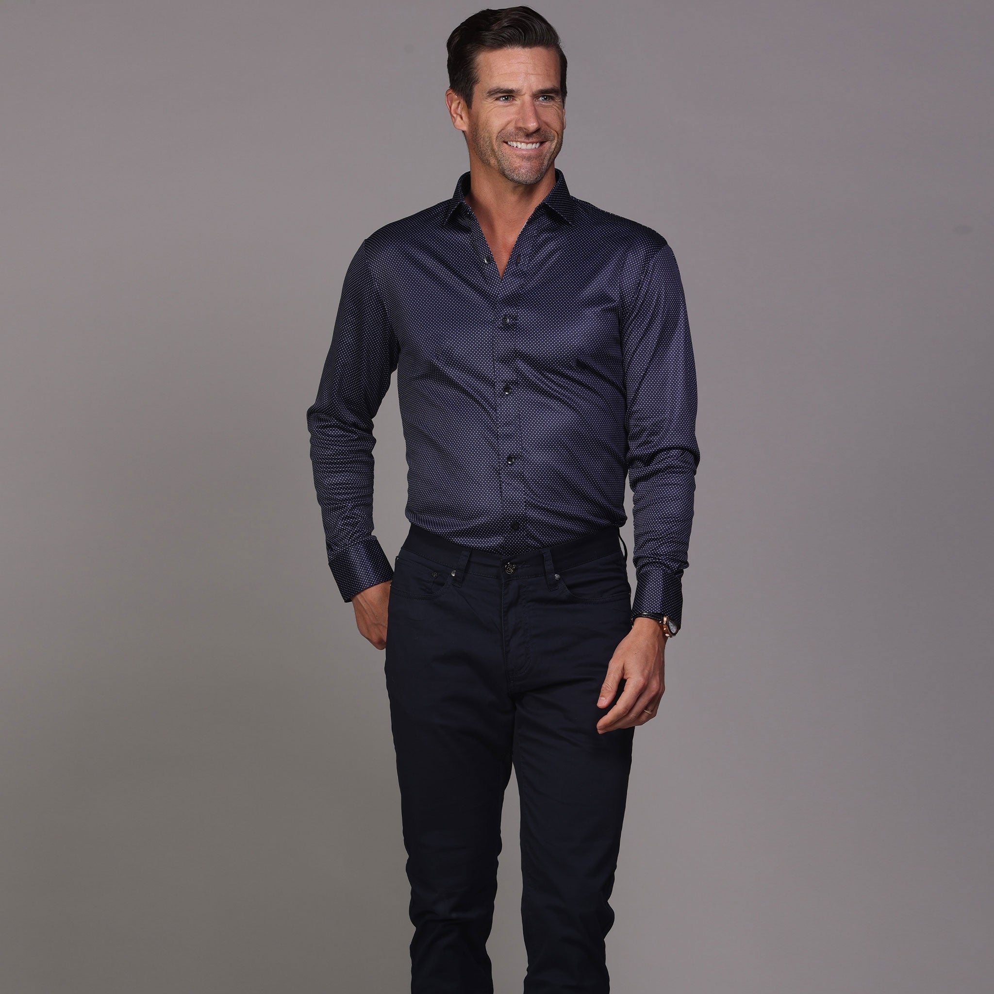 Quattro Flex Dress Shirt with Semi-Spread Collar Midnight Micro Dot S / Midnight Micro Dot