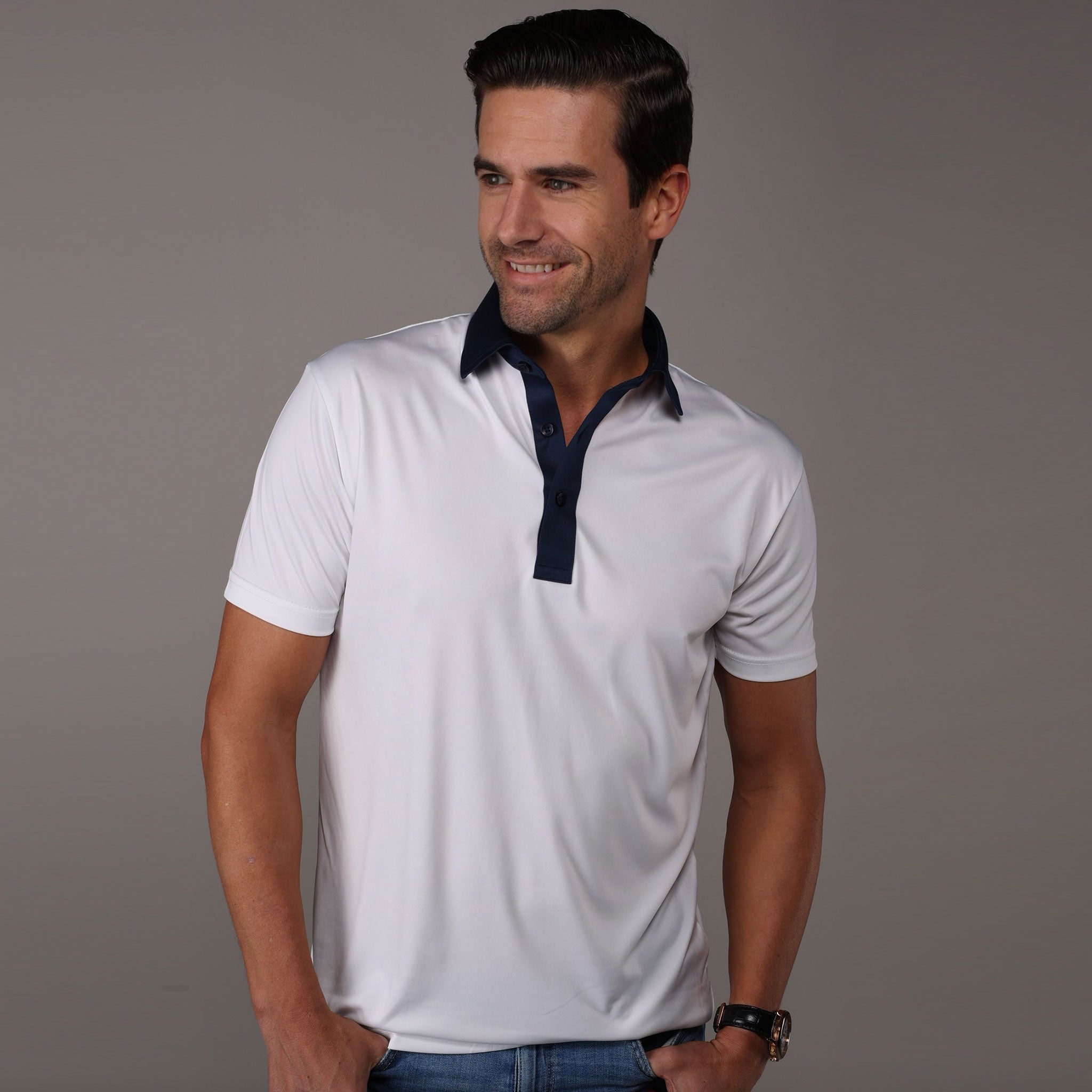 Semi-Spread Collar Polo Austin White with Navy Accent – Collars
