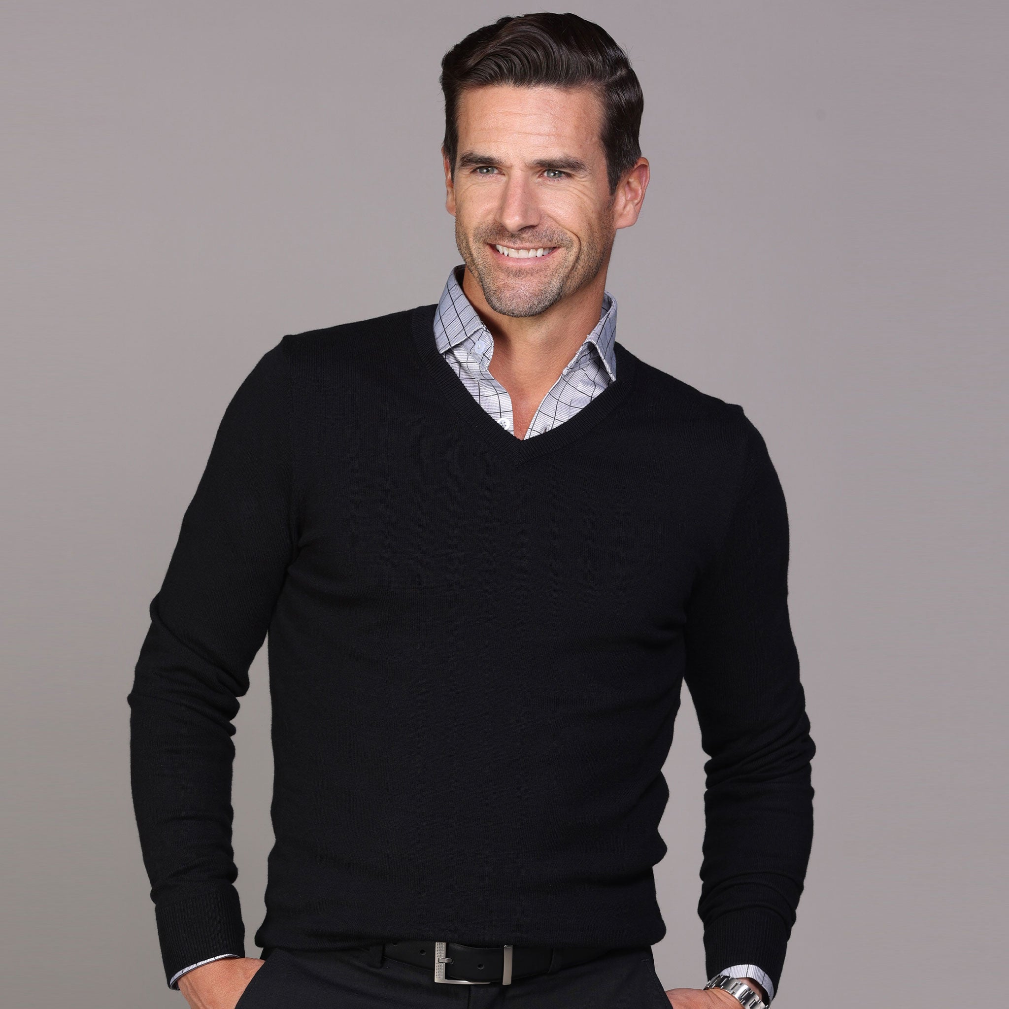 Crew Neck Collared Shirt With V Neck Sweater Black Luxury Touch