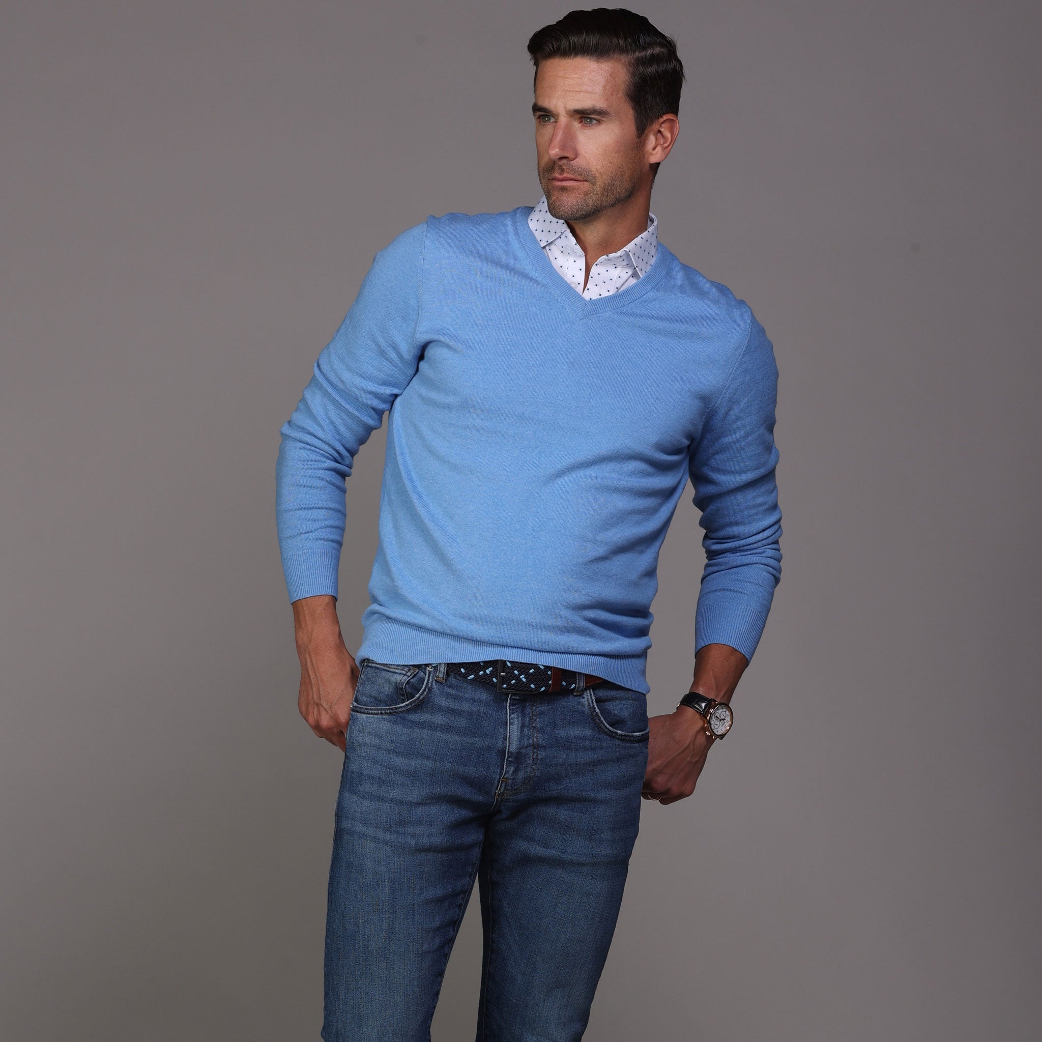 Blue Melange Luxury Touch Cotton and Cashmere V-Neck Sweater