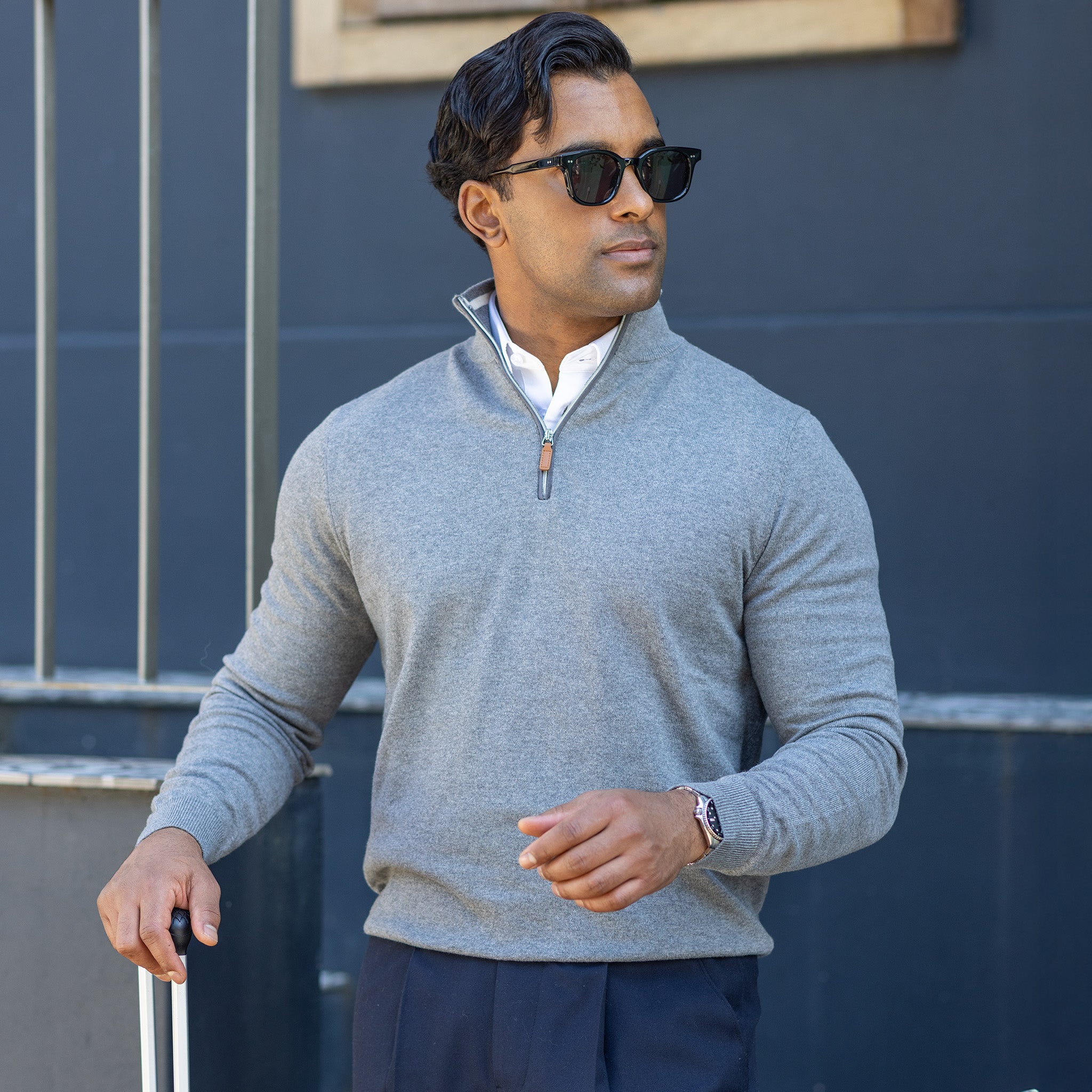 Grey with Grey Trim Luxury Touch Cotton and Cashmere Quarter Zip