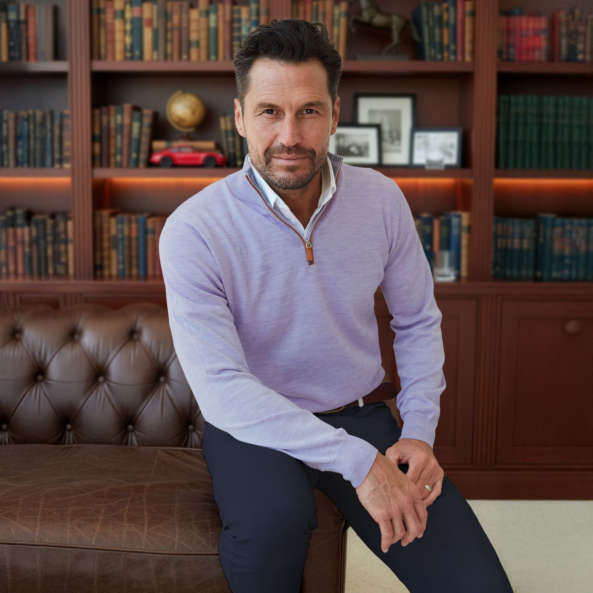 Cashmere Touch Australian Merino Quarter Zip Lavender with Brown Suede Trim