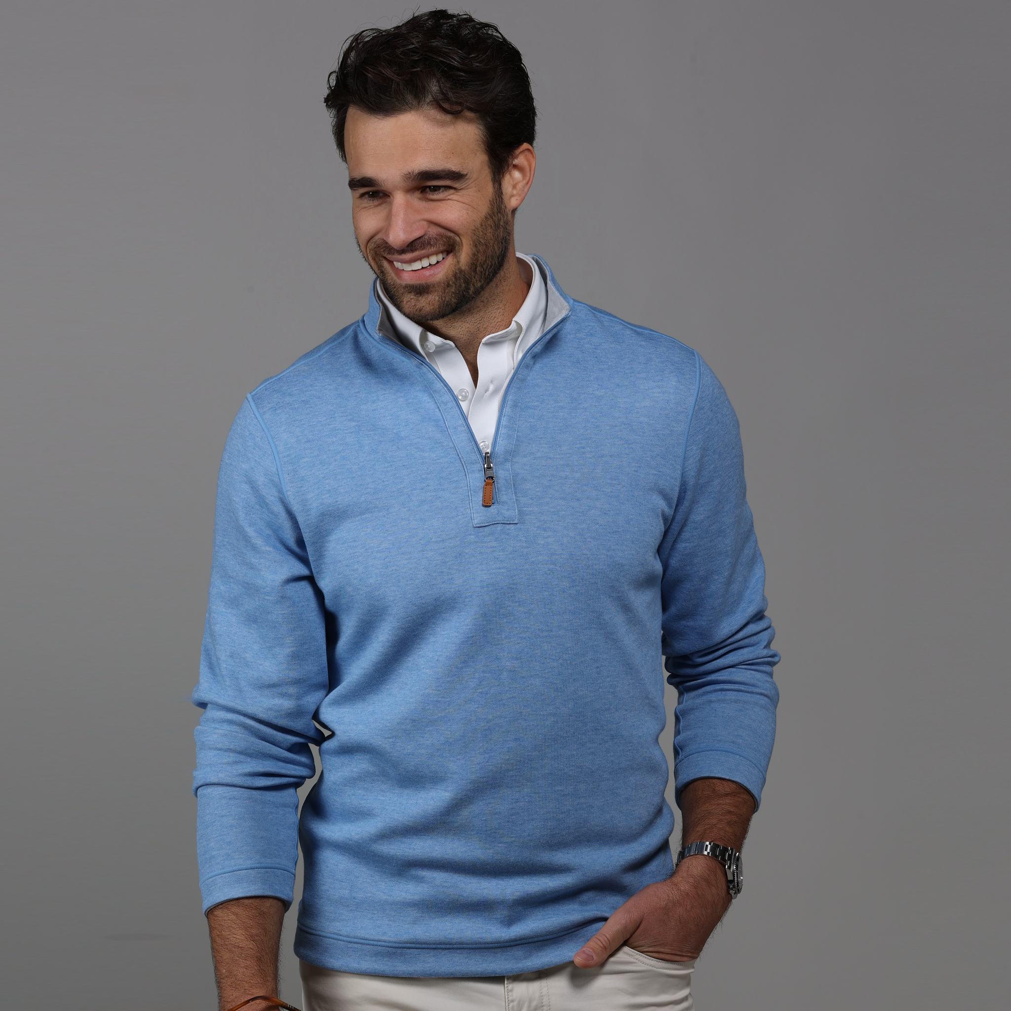Quarter Zip and & Grey Light Collars Pullov Reversible Blend – Cotton Sky Zen Blue