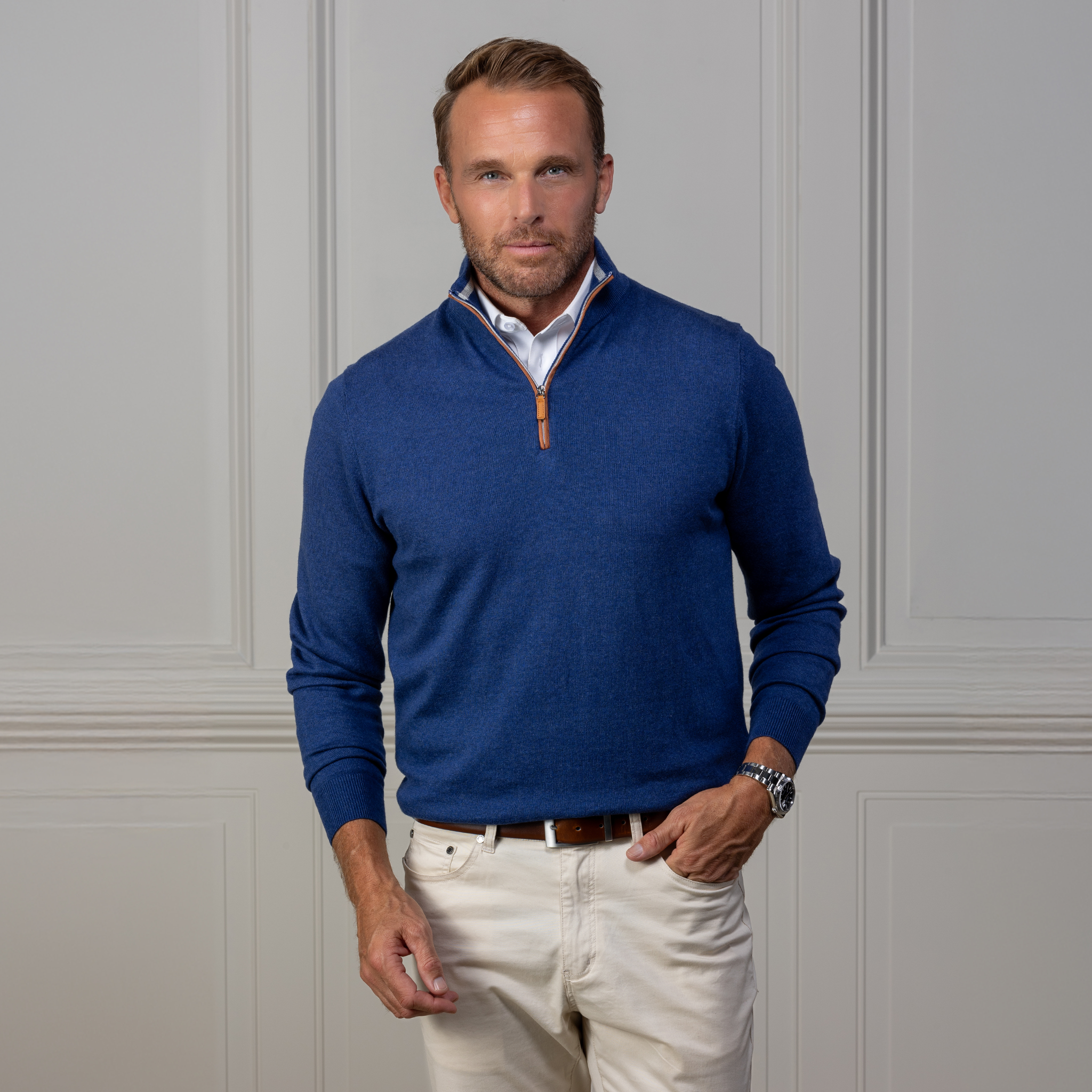 Indigo with Brown Suede Trim Luxury Touch Cotton and Cashmere