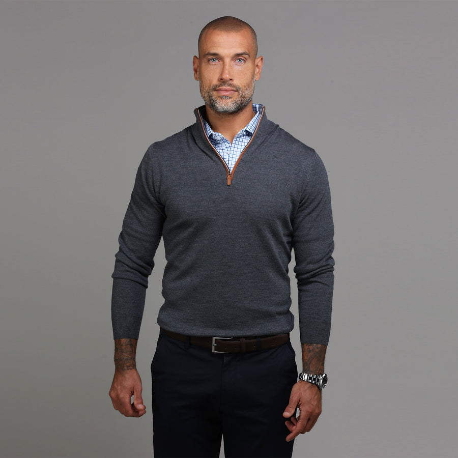 Charcoal with Brown Suede Trim Cashmere Touch Australian Merino Quarter Zip Sweater
