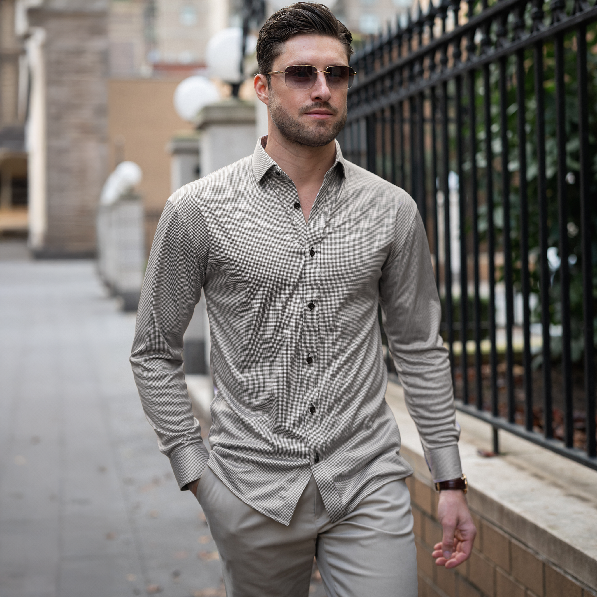 Quattro Flex Dress Shirt with Semi-Spread Collar Brown Houndstooth Quattro Flex Dress Shirt with Semi-Spread Collar Brown Houndstooth