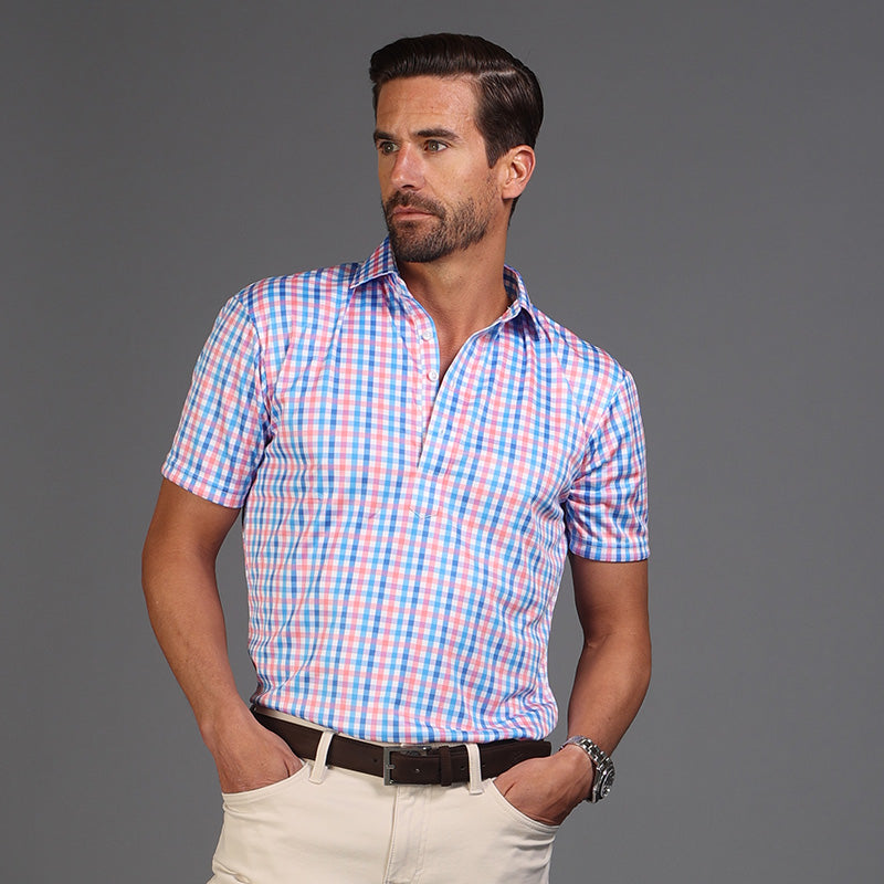 Semi-Spread Collar Polo Nantucket Blue and Pink Gingham