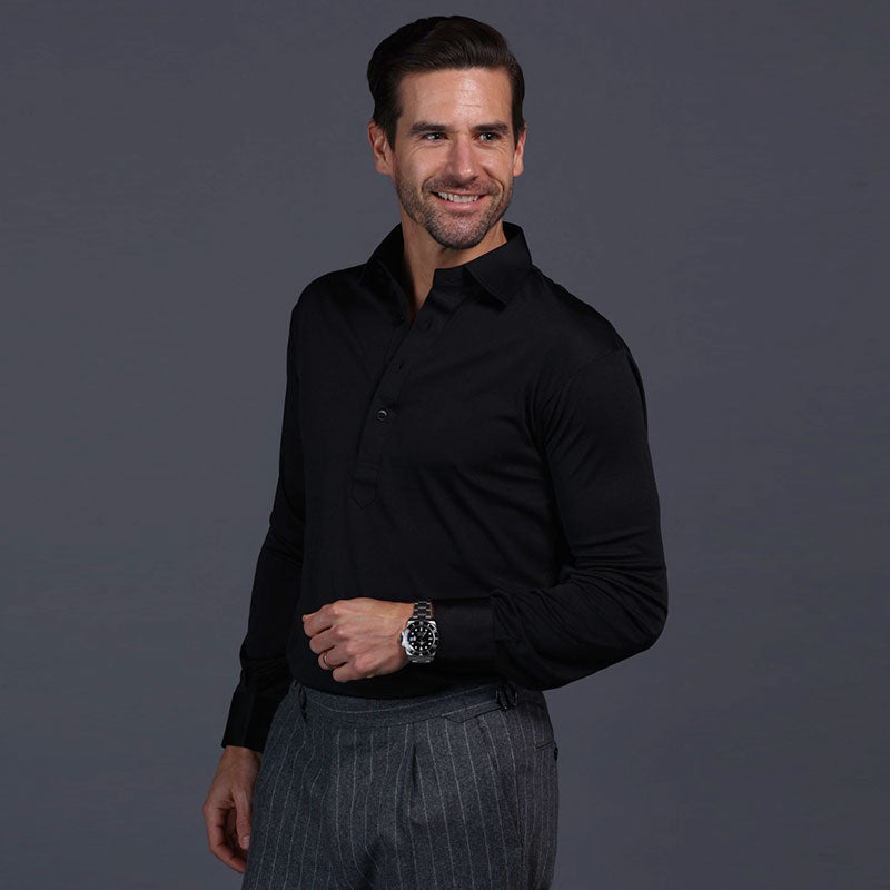 Semi-Spread Collar Polo Long Sleeve Black M / Black Semi-Spread Collar Polo Long Sleeve Black M / Black