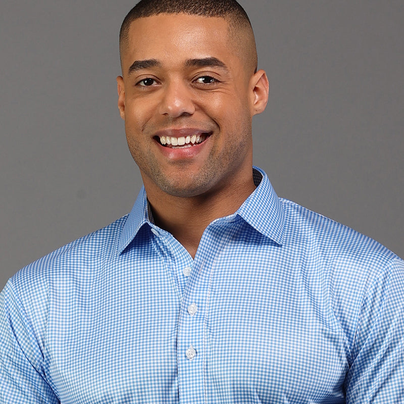 SemiSpread Collar Polo Light Blue Micro Gingham Collars & Co.