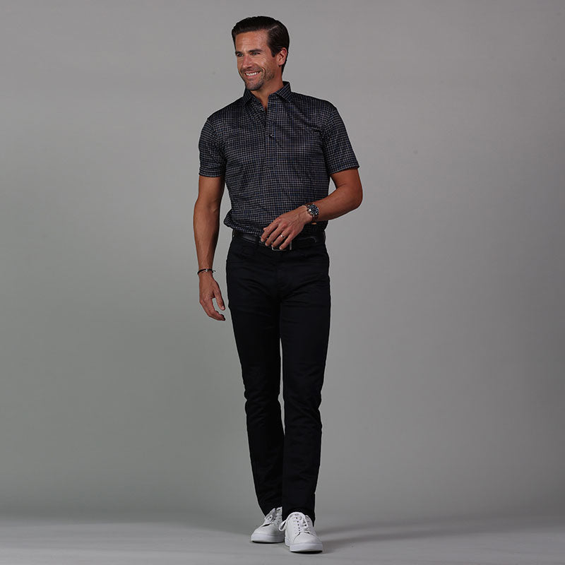 Gray polo black pants best sale