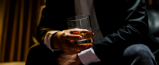 Man in suit holding a glass of whiskey