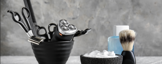 men's grooming tools displayed on a counter