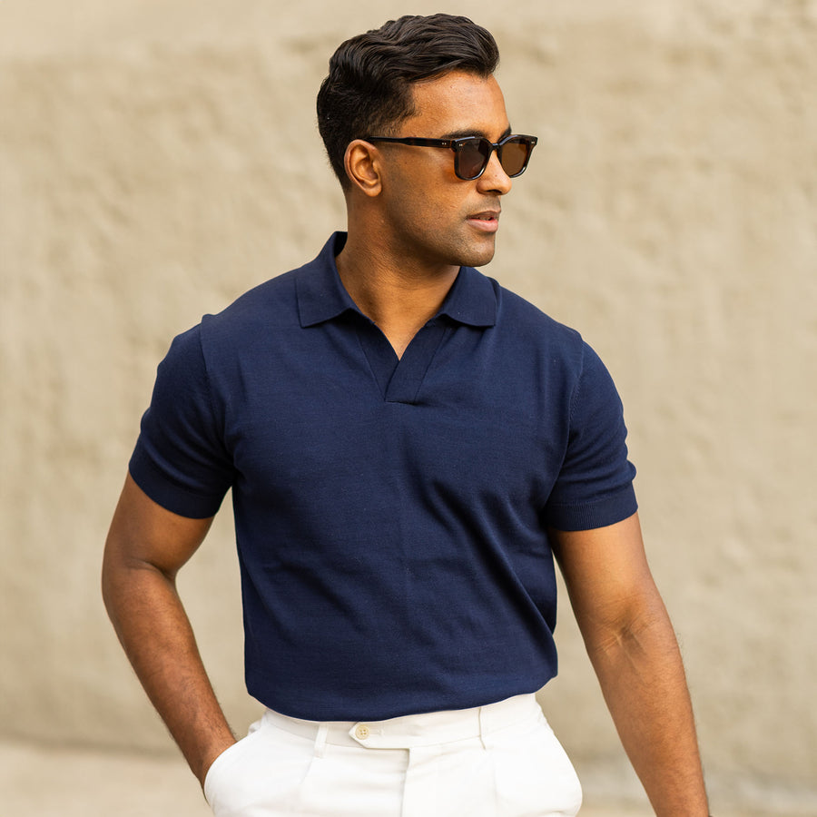 The Maranello Cotton & Silk Buttonless Polo Navy - Tailored Fit