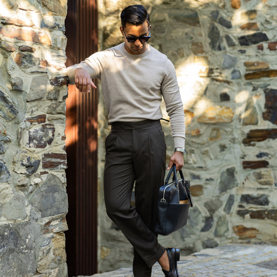 Oatmeal Luxury Touch Cotton and Cashmere Crew Neck Sweater