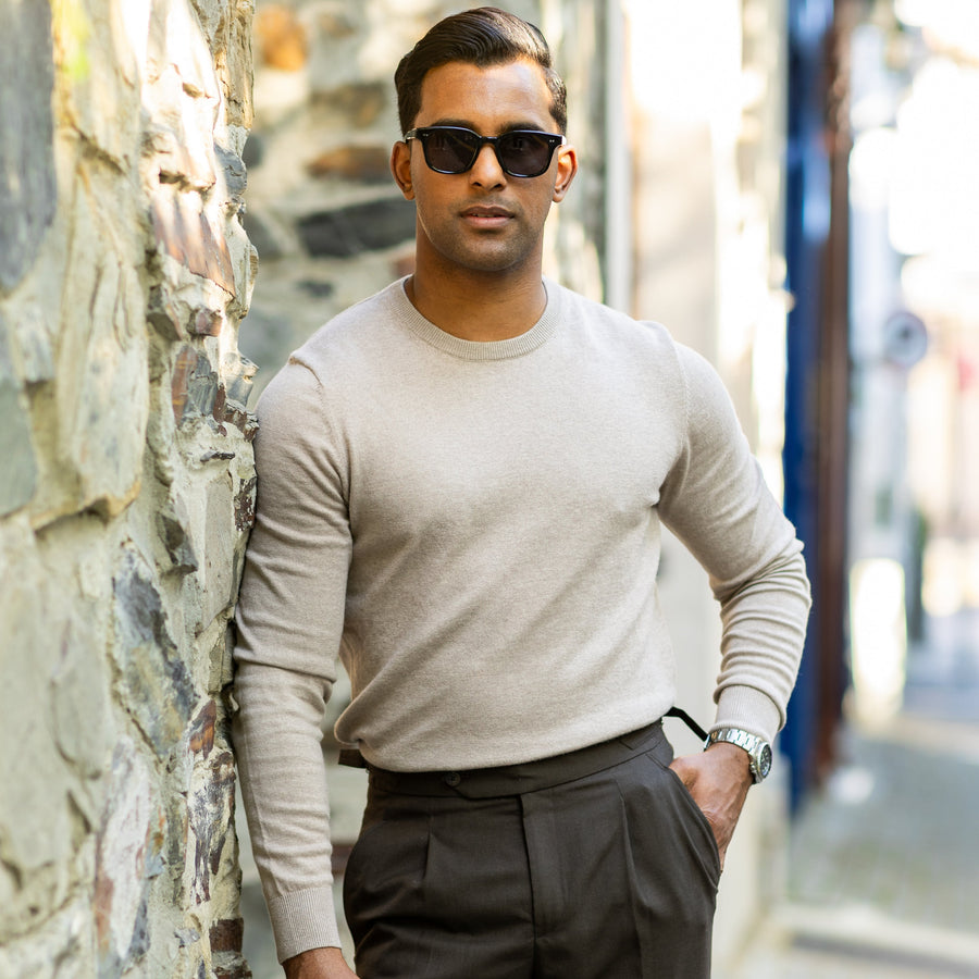 Oatmeal Luxury Touch Cotton and Cashmere Crew Neck Sweater