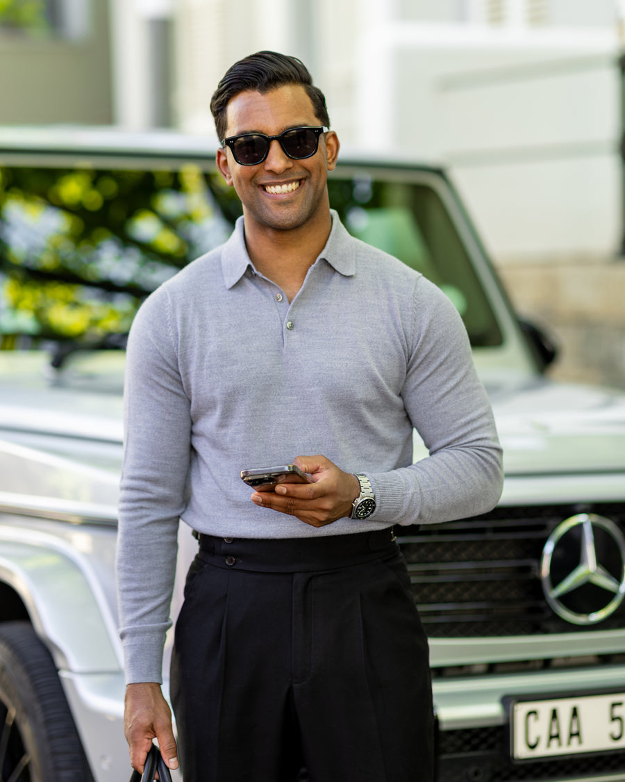 Bellagio Three Button Long Sleeve Merino Polo Slate Blue