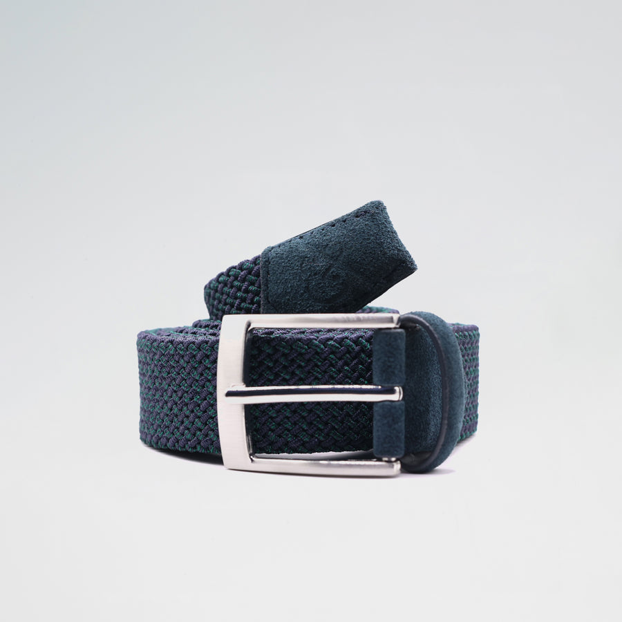 Navy and Green Stretch Woven with Suede Accents Belt