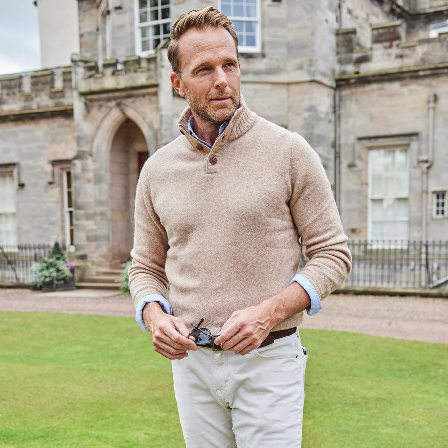 Balmoral Three Button Wool Sweater Camel
