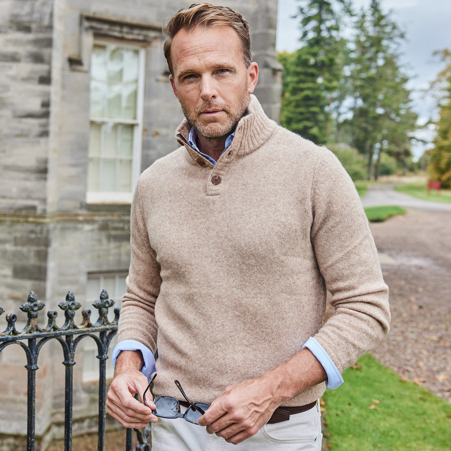 Balmoral Three Button Wool Sweater Camel