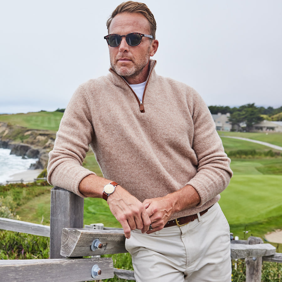 Balmoral Quarter Zip Wool Sweater Camel with Brown Suede Trim