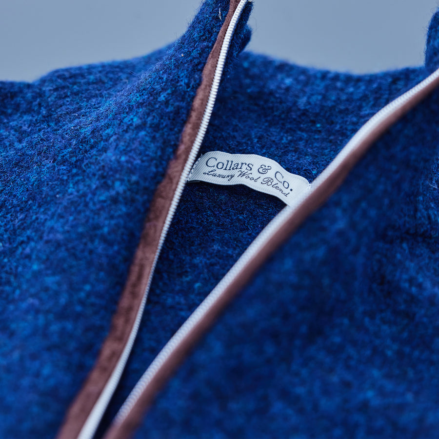 Balmoral Quarter Zip Wool Sweater Navy with Brown Suede Trim