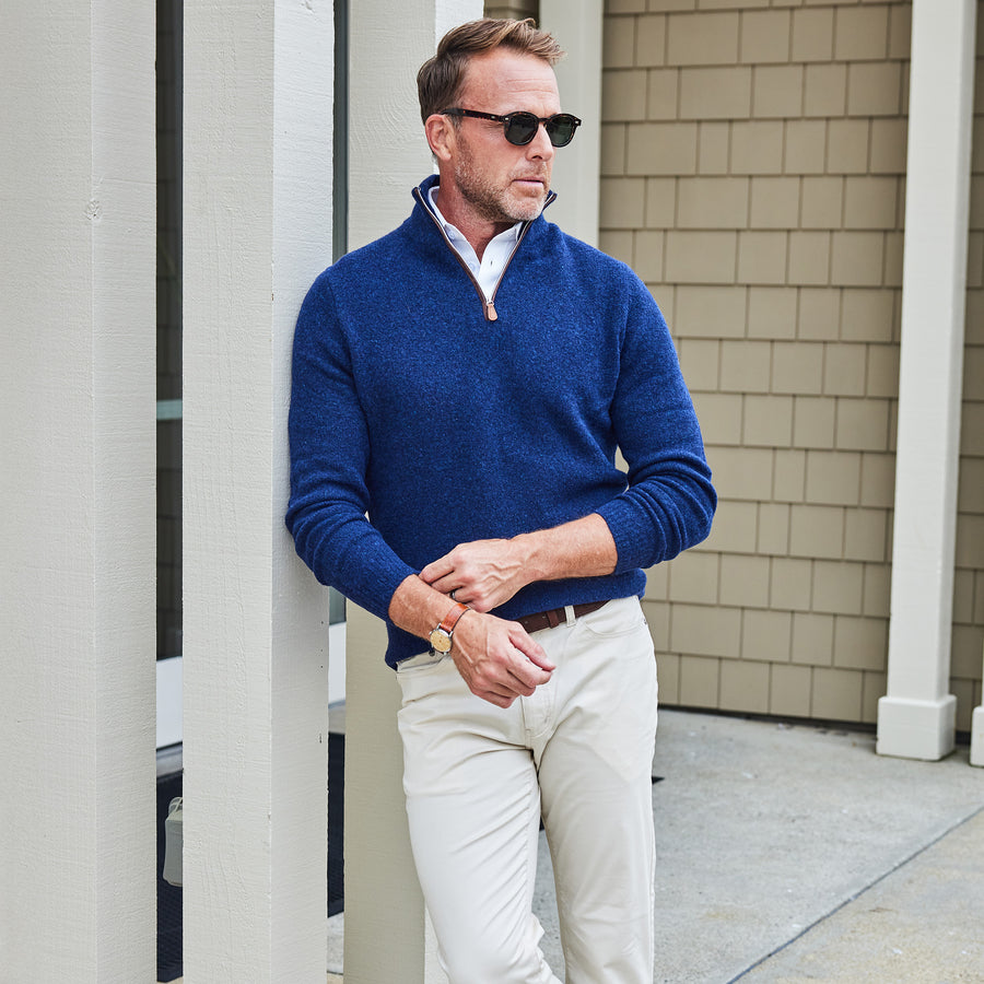 Balmoral Quarter Zip Wool Sweater Navy with Brown Suede Trim