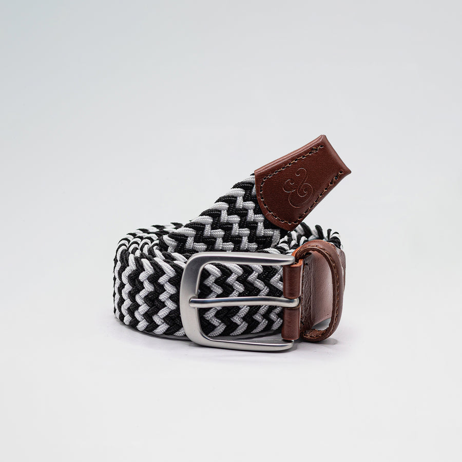 Black and White Stretch Woven Belt with Leather Trim