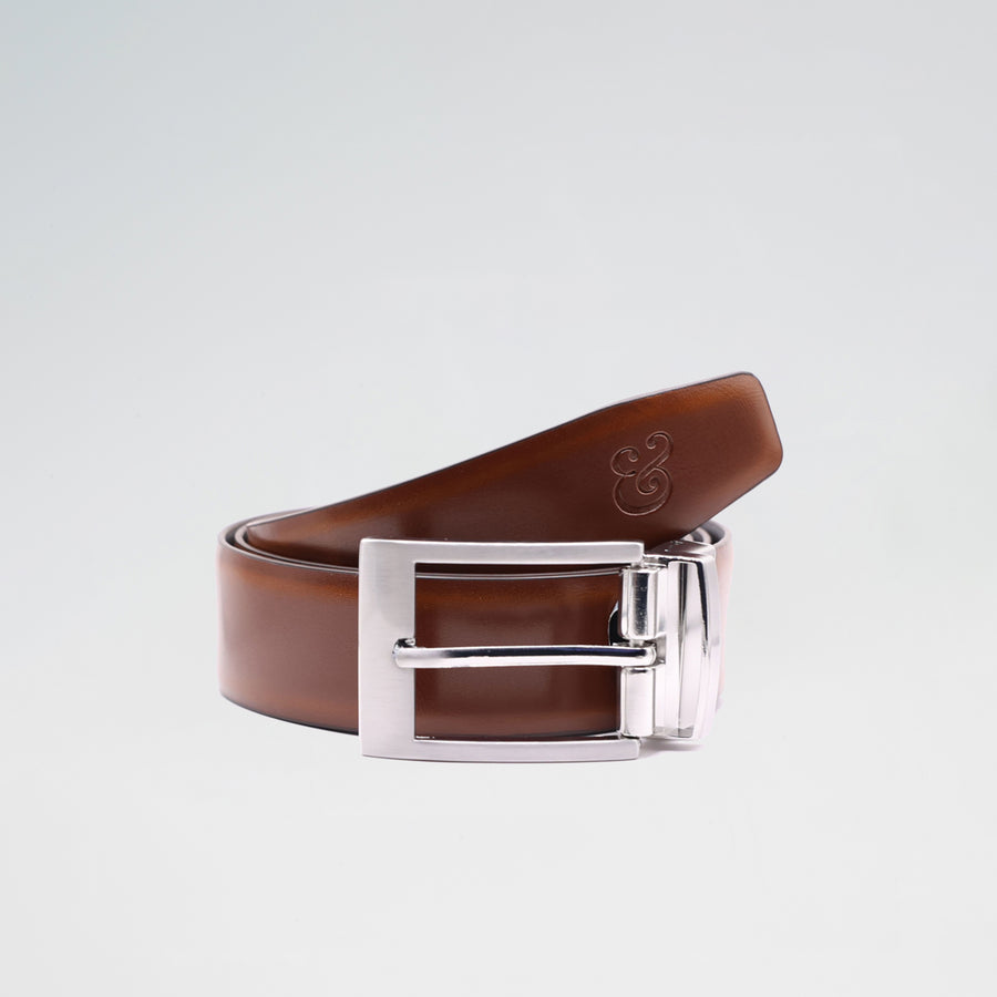 Brown and Black Reversible Leather Belt with Nickel Buckle