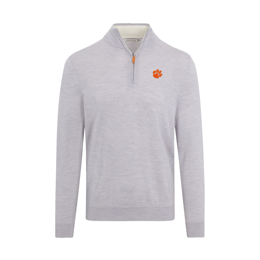 Clemson Light Grey Melange Cashmere Touch Australian Merino Quarter Zip Sweater