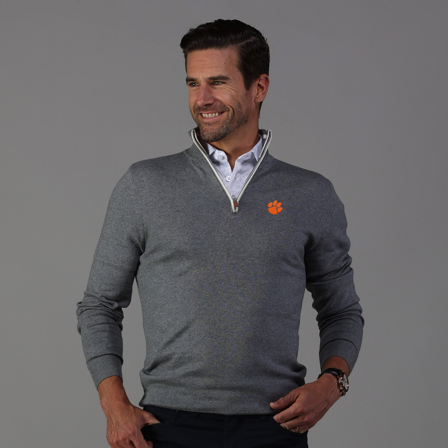 Clemson Grey with White Trim Luxury Touch Cotton and Cashmere Quarter Zip Sweater