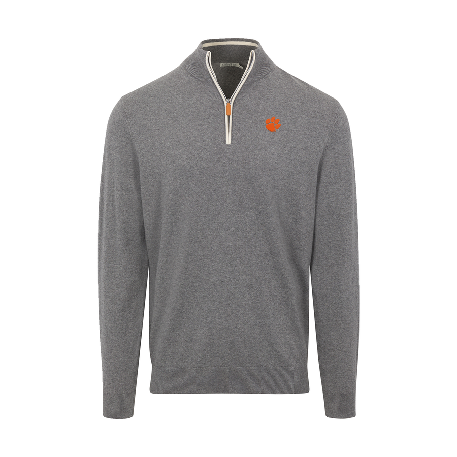 Clemson Grey with White Trim Luxury Touch Cotton and Cashmere Quarter Zip Sweater