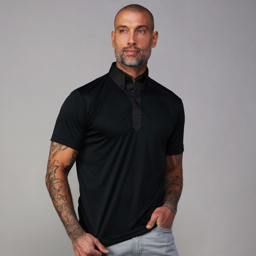 Nightfall Oxford Button Down Collar Polo Black with Dark Charcoal Accent