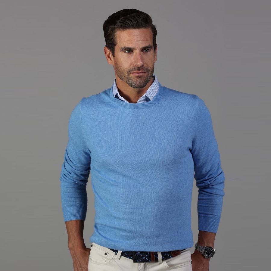 Blue Melange Luxury Touch Cotton and Cashmere Crew Neck Sweater