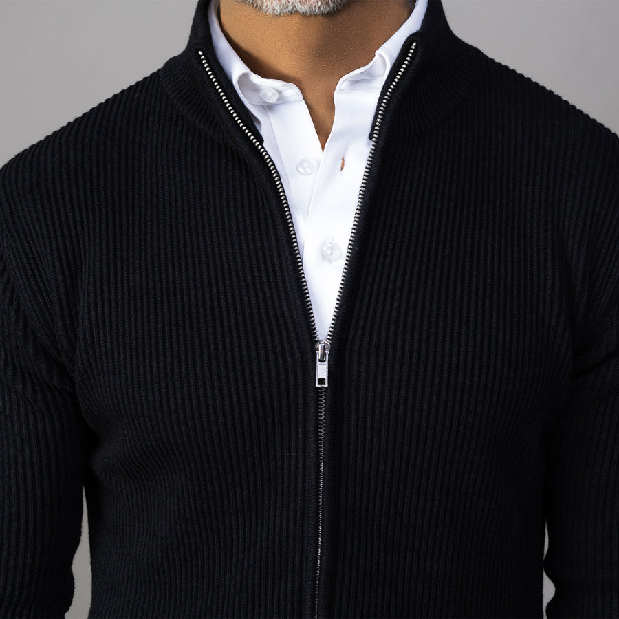 Sequoia Black Full Zip Ribbed Cotton Sweater