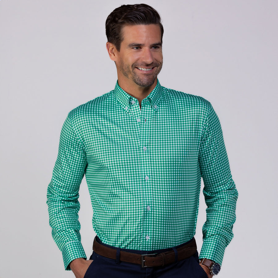Quattro Flex Dress Shirt with Button Down Collar Green Gingham