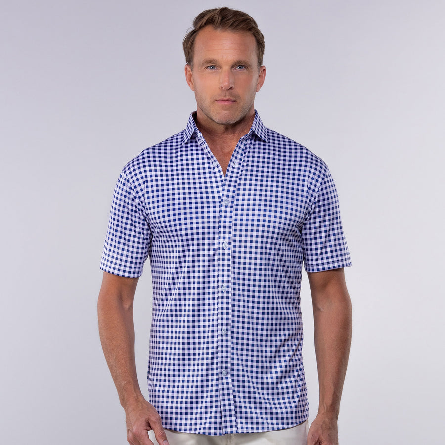 Quattro Flex Short Sleeve Button Down Navy Gingham Collars & Co. Quattro Flex Short Sleeve Button Down Navy Gingham Collars & Co.